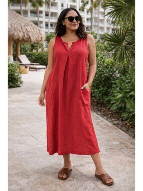 CREA Concept Red Linen Maxi Dress EU 46 US L XL Lagenlook Minimalsist Pockets